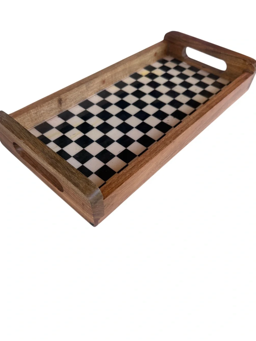 Vintage Wood Serving Tray with Black and White Checkerboard Inset 16x8”